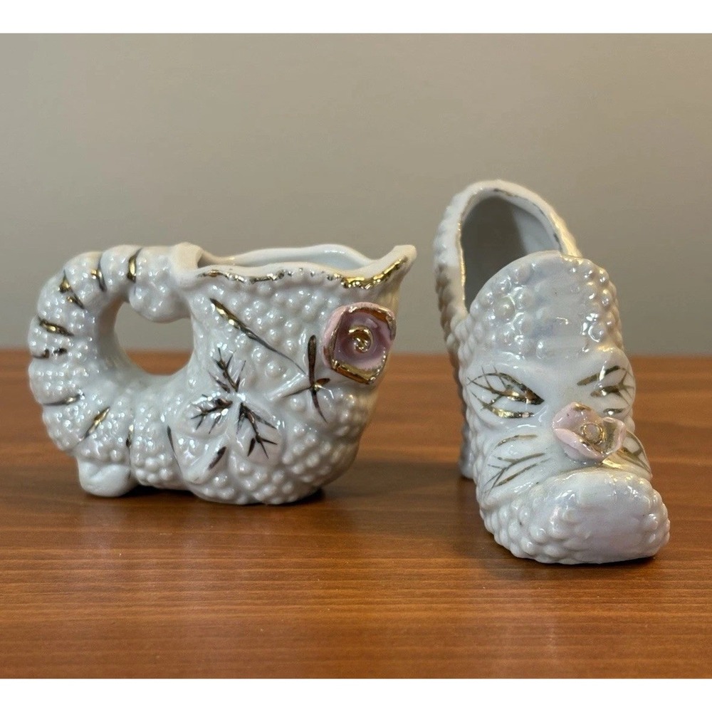 Vintage Mini Hobnail Japan Mini Planters Shoe Cornucopia Pink Roses Set of 2
